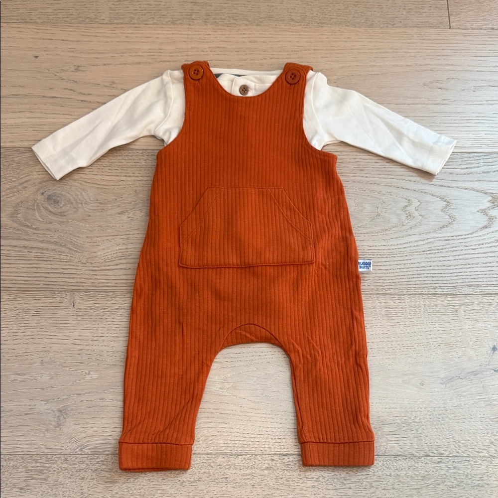 RuggedButts Orange Spice Ribbed Longall Overalls w/ Long Sleeve Bodysuit 3-6 mos